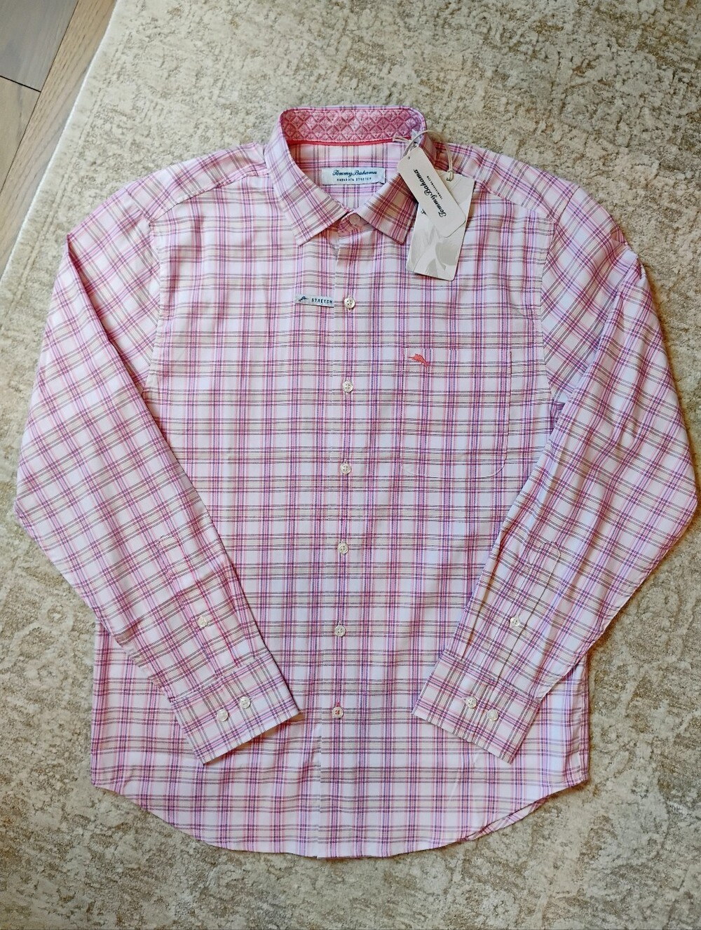 NWT S Tommy Bahama Sarasota Stretch San Marcos Check Plaid Paradise Pink Shirt